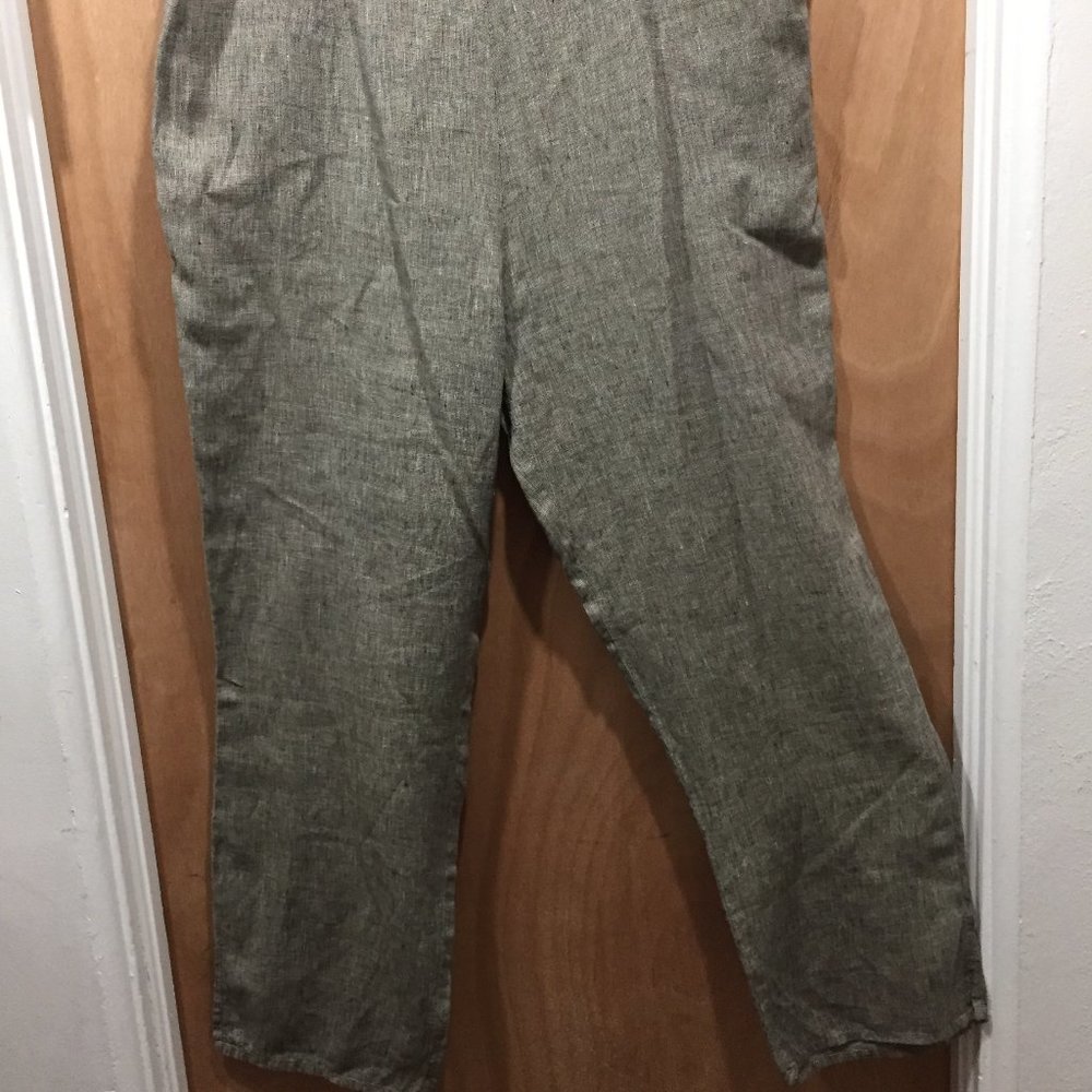 Flax Linen Pants Heather Gray Wide Leg Side Slit Pocket  & Zip  sz L LAGENLOOK
